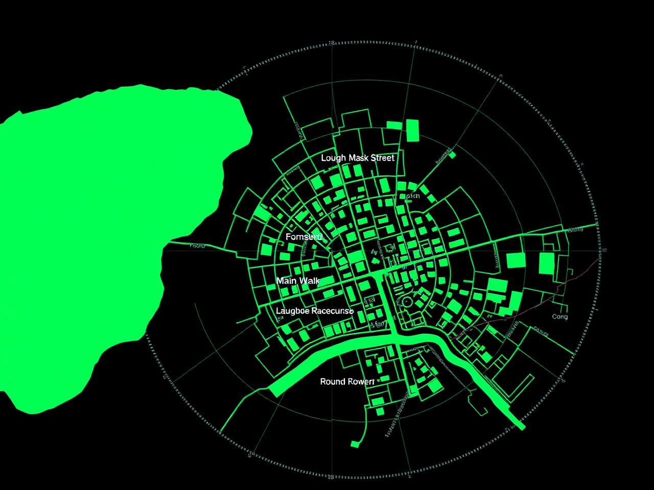 Radar-style schematic of Ballinrobe with Lough Mask to the west and the town grid