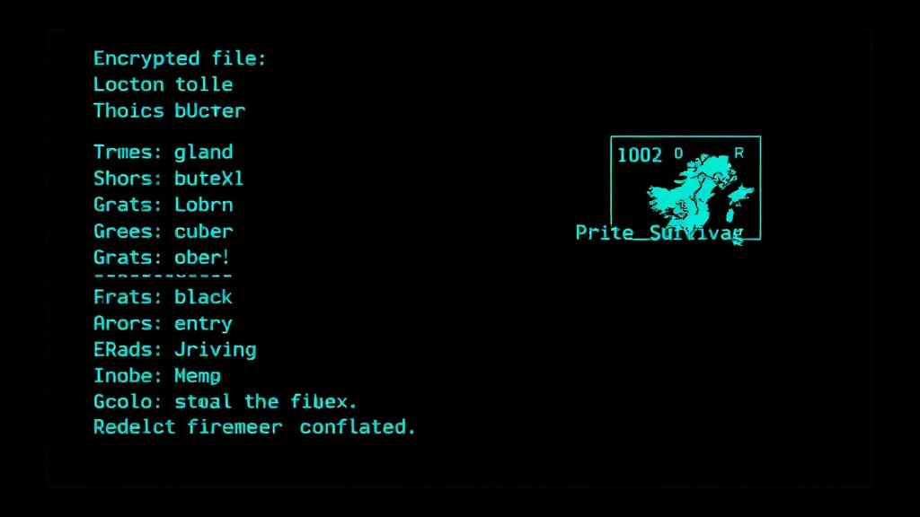 Pixel-art in-game terminal UI mockup with encrypted files and a survival status readout